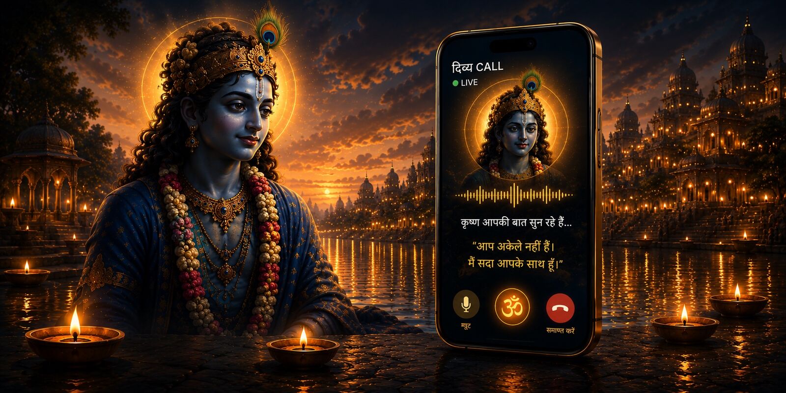 Sri Krishna on a phone call — Divya Call hero illustration